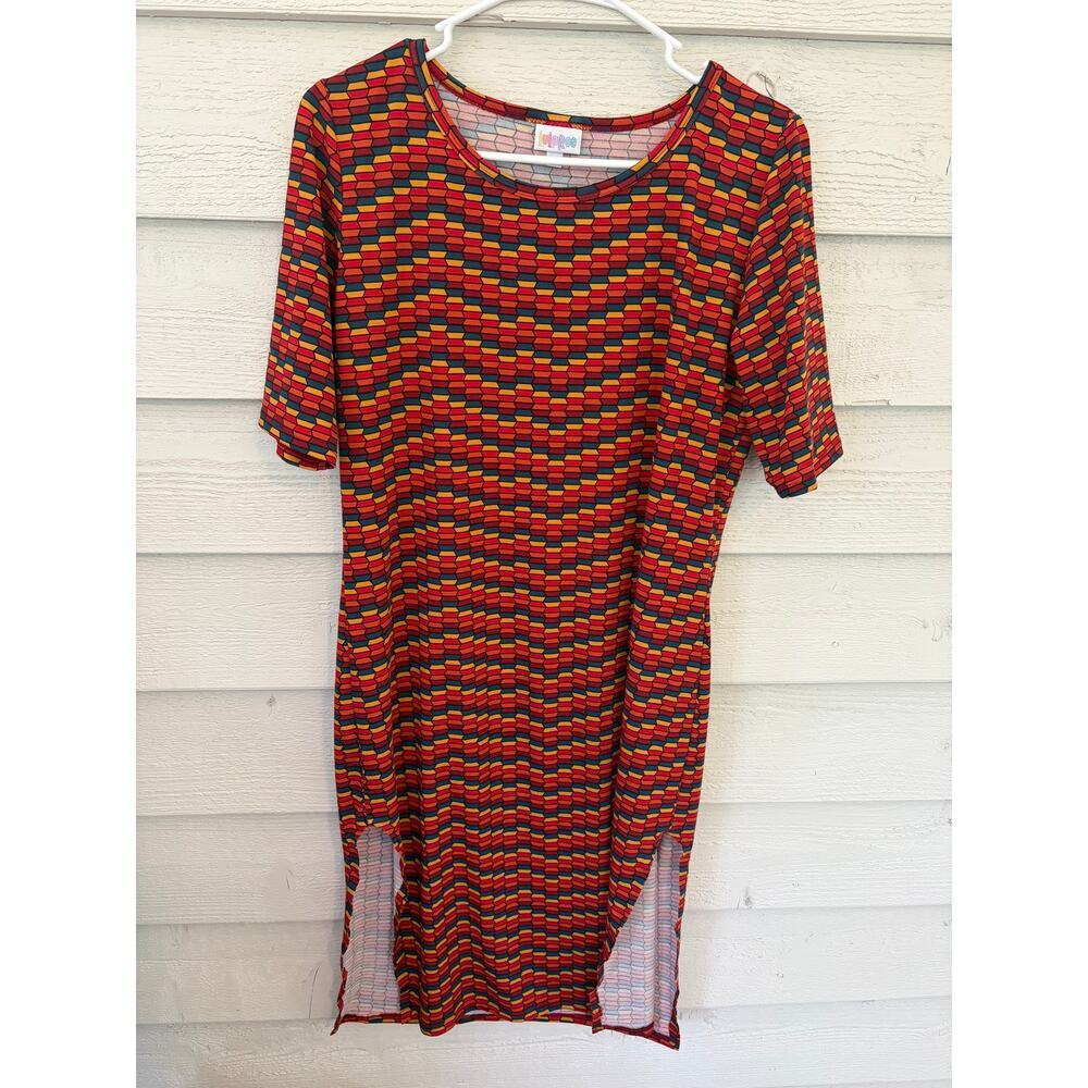 LuLaRoe Julia Dress Size Large Geometric Print Red Blue Mustard High Side Slits - Picture 2 of 7